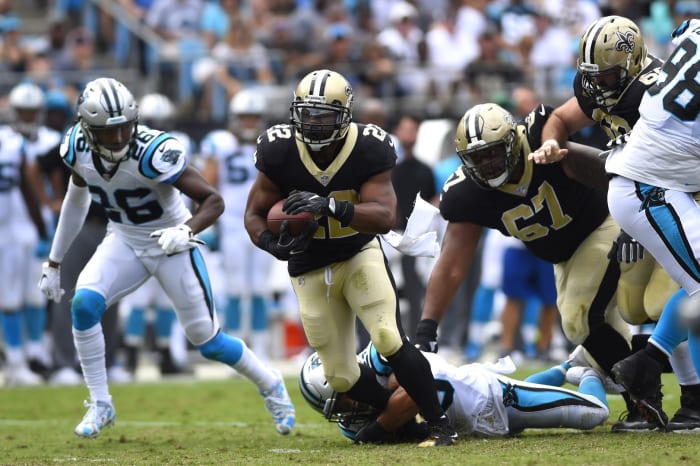 Sep 24, 2017; New Orleans Saints running back Mark Ingram (22) with the ball against the Carolina Panthers. Mandatory Credit: Bob Donnan-USA TODAY Sports